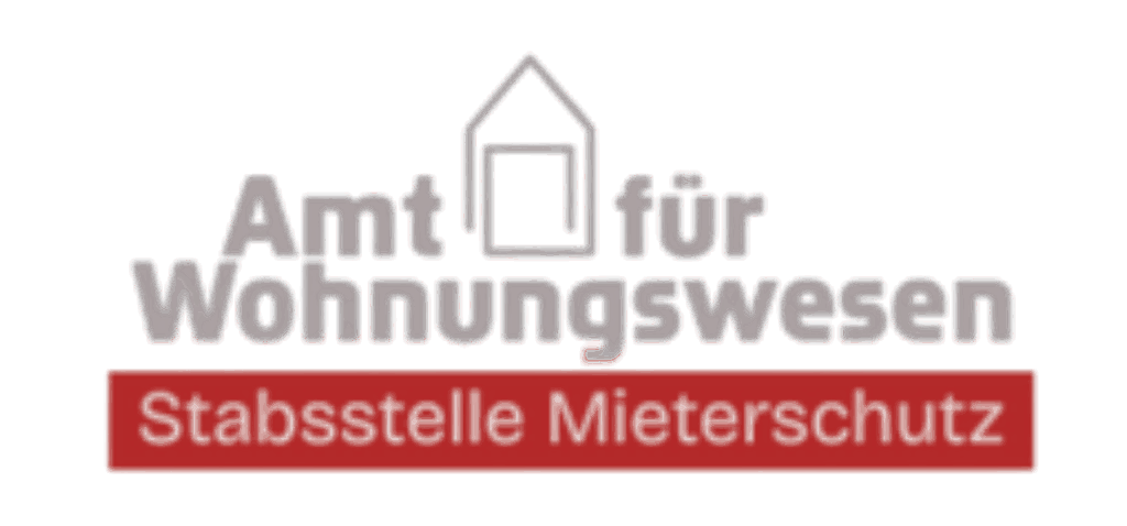 Logo des Amts für Wohnungswesen mit dem Schriftzug „Stabsstelle Mieterschutz“ in rotem Balken darunter