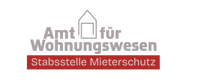 Logo des Amts für Wohnungswesen Frankfurt mit rotem Schriftzug „Stabsstelle Mieterschutz“ unter einem stilisierten Haus-Symbol.